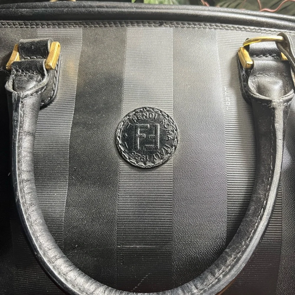 Fendi Black Striped Duffel Bag travel with strap. Convertible Boston bag